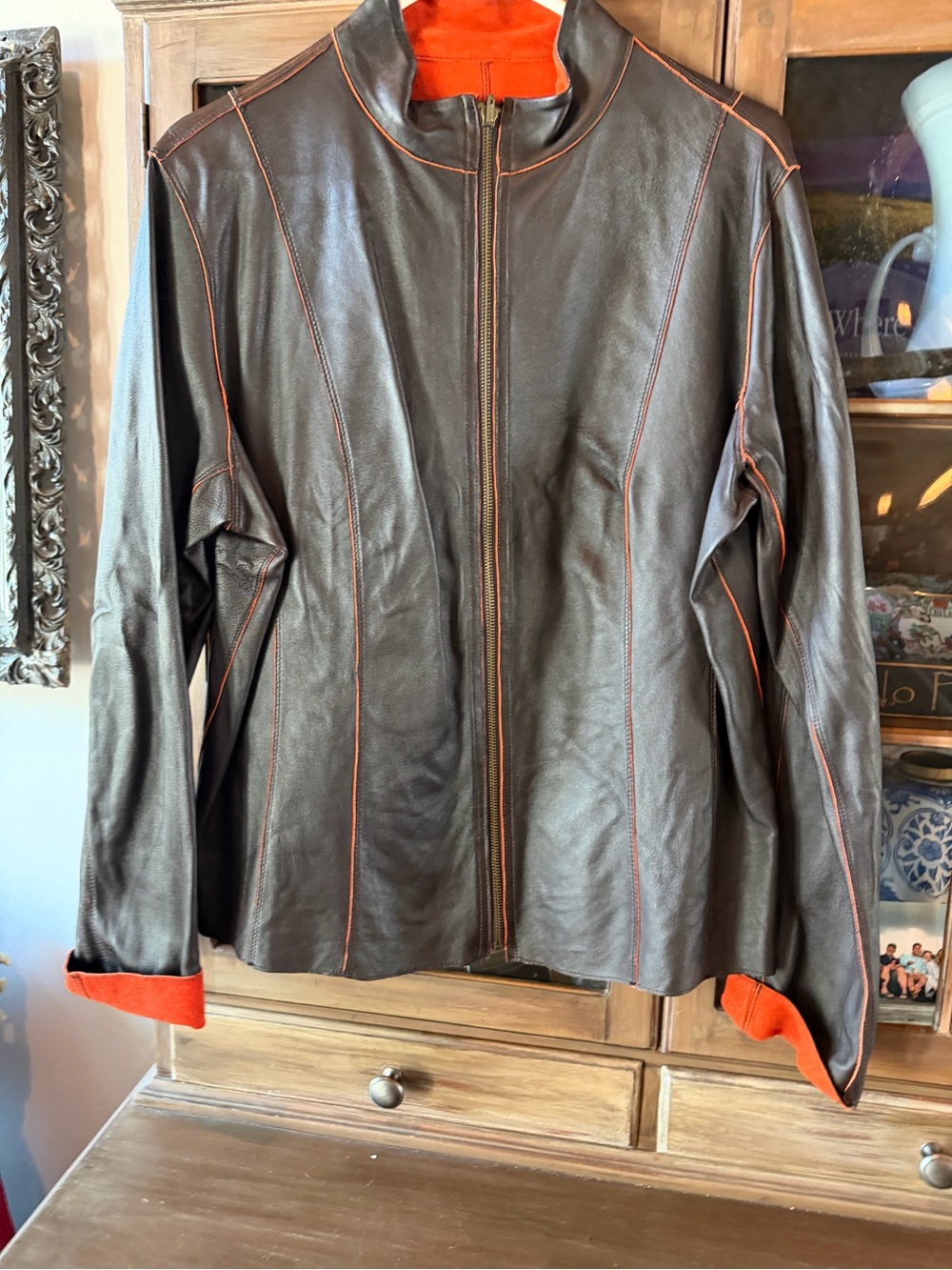 Women's Brown Leather Jacket with Orange Contrast Trim